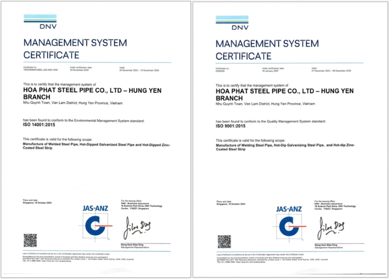 Chứng chỉ ISO 9001 và 14001 của nhà máy sản xuất thép ống Hòa Phát ở Hưng Yên